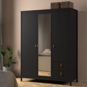 Barcila Mirrored Wooden Wardrobe 3 Doors 2 Drawers In Black