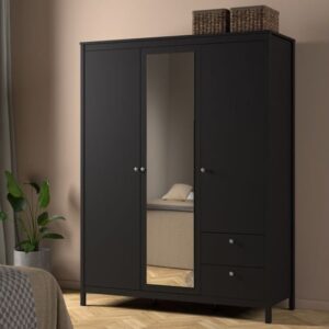 Macron Mirrored Wooden Wardrobe 3 Doors 2 Drawers In Black