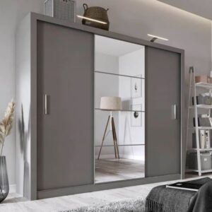 Ionia Wooden Wardrobe With Mirrored Sliding Door In Matt Grey