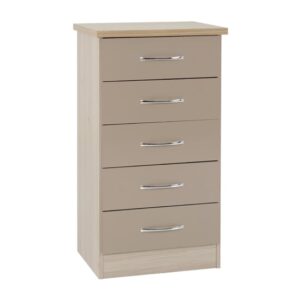 Mark Narrow Oak Wooden Chest Of 5 Drawers With Oyster Gloss Front